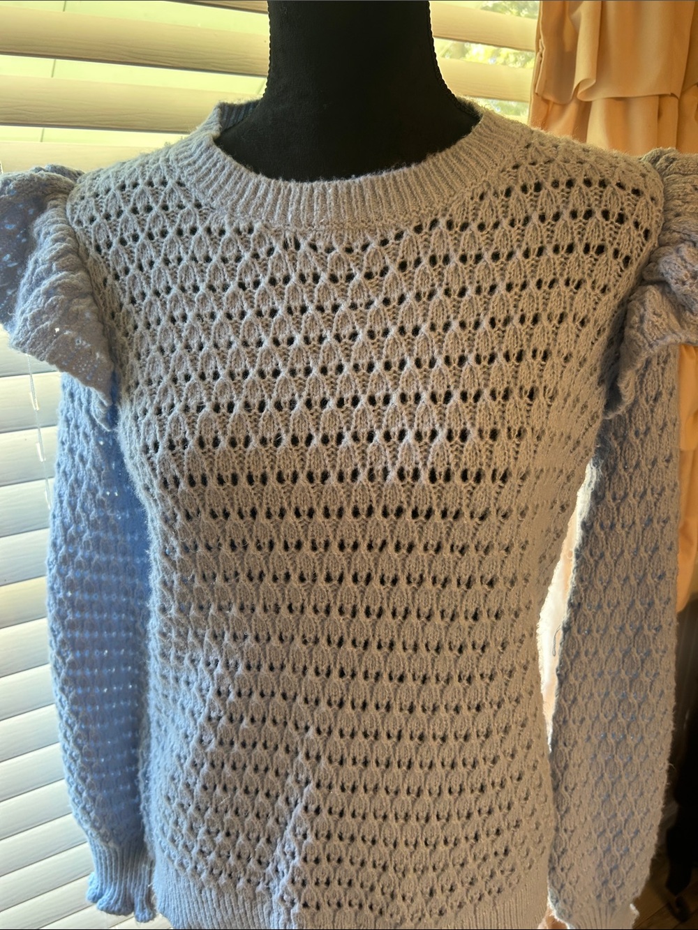 LOFT Light Blue Open-Knit Puff Sleeve Crew Sweater